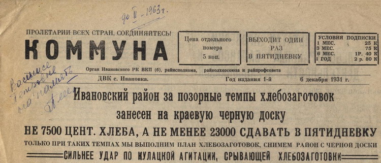 Первый номер газеты "Коммуна"